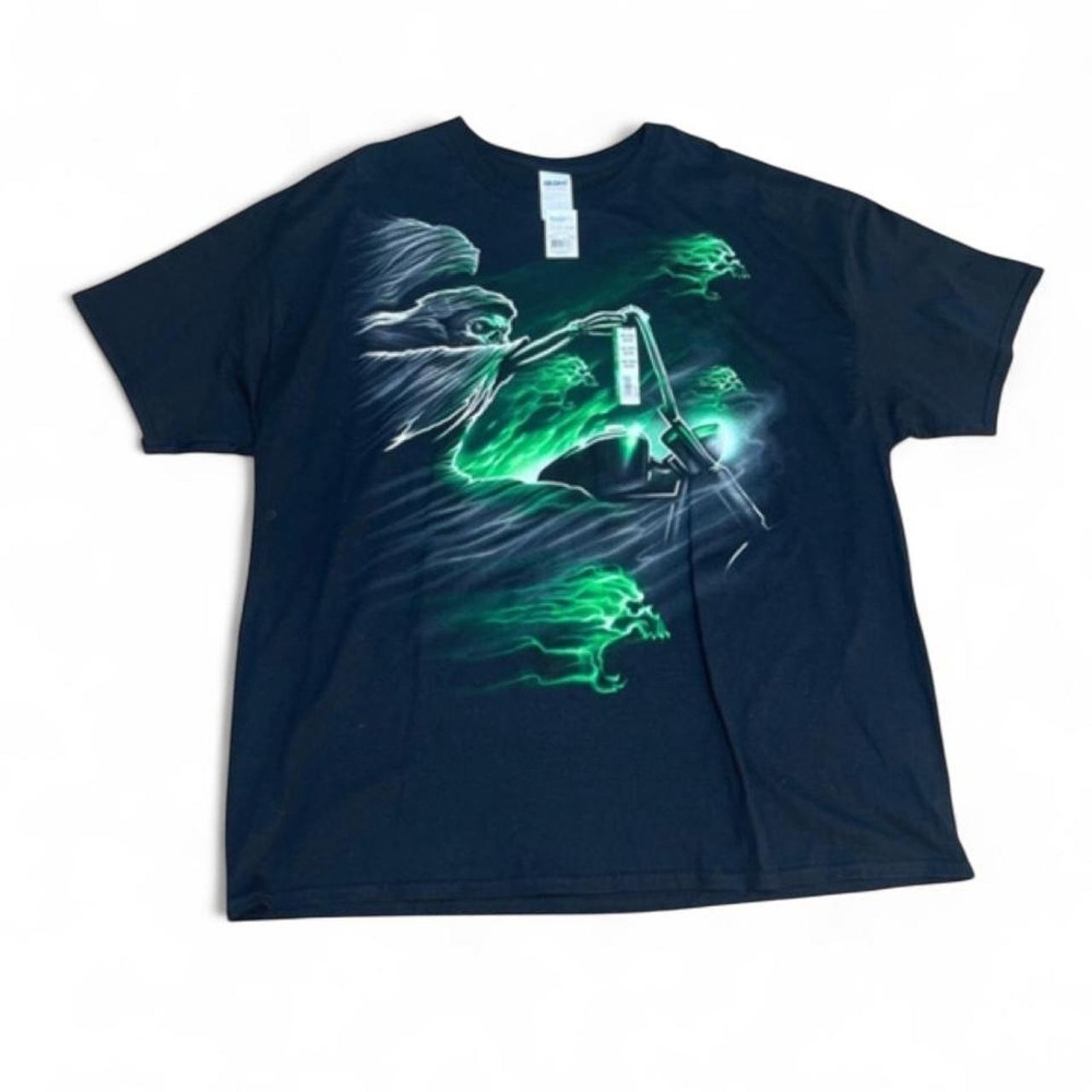 Vintage Y2K Grim Reaper Motorcycle Graphic Tee Size 3XL Black Green Flame T